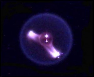 Image of a burning droplet in microgravity during a Flammability and Extinction (FLEX) test aboard the International Space Station. (NASA)