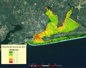 Map of chlorophyll-a for Pensacola Bay derived from HICO data. Higher values (yellow and red) indicate high chlorophyll concentrations in the water that suggest algal blooms are present. (EPA/Darryl Keith)