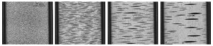 Structure evolution in an MR fluid over time while an alternating magnetic field is applied, from one of the early InSPACE runs. The far left image shows the fluid after 1 second of exposure to a high-frequency-pulsed magnetic field. The suspended particles form a strong network. The images to the right show the fluid after 3 minutes, 15 minutes, and 1 hour of exposure. The particles have formed aggregates that offer little structural support and are in the lowest energy state. (E. Furst, University of Delaware/NASA)