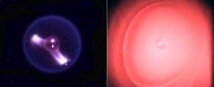 A heptane combustion event (left) as seen during a Flame Extinguishing Experiment (FLEX) experiment run. In the time between the two photos, the flame quenches and goes dark. This is then followed by an afterglow (right)—the first evidence of a cool flame event. (F. Williams, University of California San Diego/NASA)