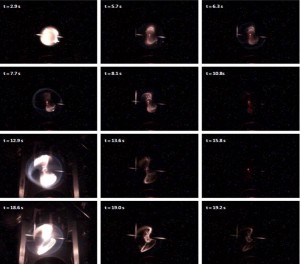 Ignition of 4.5 mm droplet on tethering fibers (crossed fibers shown as glowing lines) developing into a large weak flame which quickly extinguishes (t = 10.8 seconds), followed by period of low-temperature burning (~ 2 seconds) with no visible flame, a brief return to high-temperature burning (for ~ 1.5 seconds at t = 12.9 seconds). This cycle repeated once, until the fuel droplet was completely consumed. (NASA)