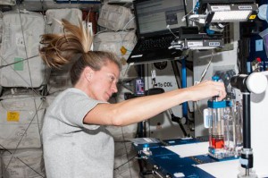 Expedition 36 Flight Engineer Karen Nyberg conducts a session with a Capillary Flow Experiment (CFE) Interior Corner Flow vessel in the Harmony node of the International Space Station. CFE observes the flow of fluid, in particular capillary phenomena, in microgravity. (NASA)