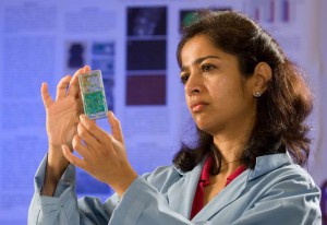 Sharmila Bhattacharya, Ph.D., is the principal investigator for the Fungal Pathogenesis, Tumorigenesis and Effects of Host Immunity in Space (FIT) fruit fly investigation. In this image, Bhattacharya is inspecting the fly experiment containers before flight. (NASA)