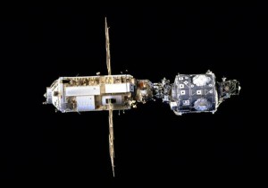 A look at the International Space Station in its early days shows the Zarya module (left) connected to the second element, the US Unity module (right). (NASA)