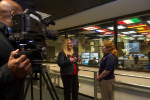 International Space Station commentator Lori Meggs interviews Katie Presson, a payload operations director in the Payload Operations Integration Center, or POIC, at NASA's Marshall Space Flight Center in Huntsville, Alabama. (NASA/Emmett Given)