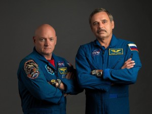 NASA astronaut Scott Kelly (left), Expedition 43/44 flight engineer and Expedition 45/46 commander; and Russian cosmonaut Mikhail Kornienko, Expedition 43-46 flight engineer, take a break from training at NASA’s Johnson Space Center in Houston to pose for a portrait. (NASA)