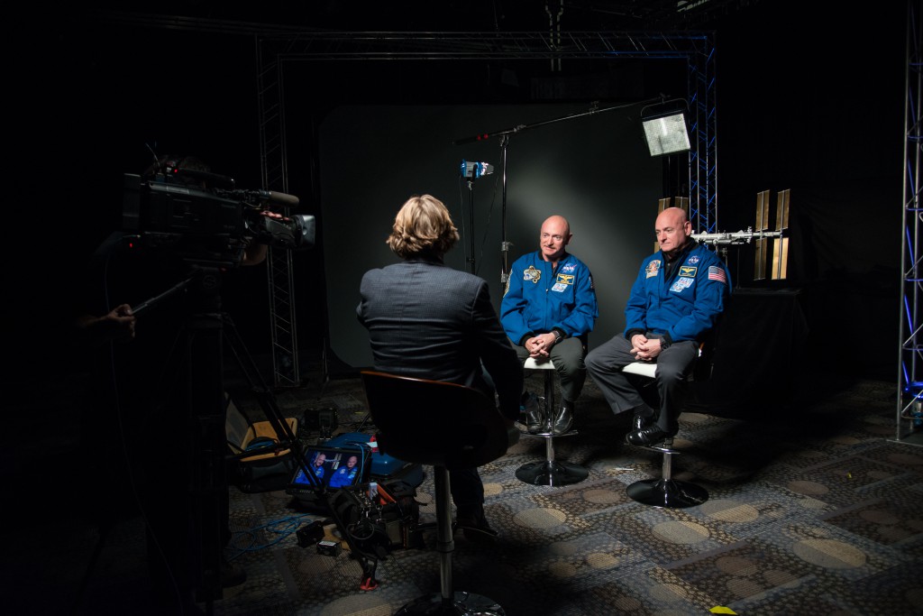 During a news conference on Jan. 19, 2015 at Johnson Space Center in Houston Texas, Expedition 45/46 Commander, astronaut Scott Kelly—along with his brother, former astronaut Mark Kelly—spoke about Scott Kelly's impending one-year mission aboard the International Space Station (ISS). (NASA/Robert Markowitz)