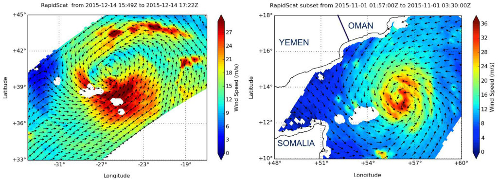 Wind maps like these from ISS-RapidScat help enable better storm warnings to reduce risk to shipping and coastal populations. Credits: NASA 