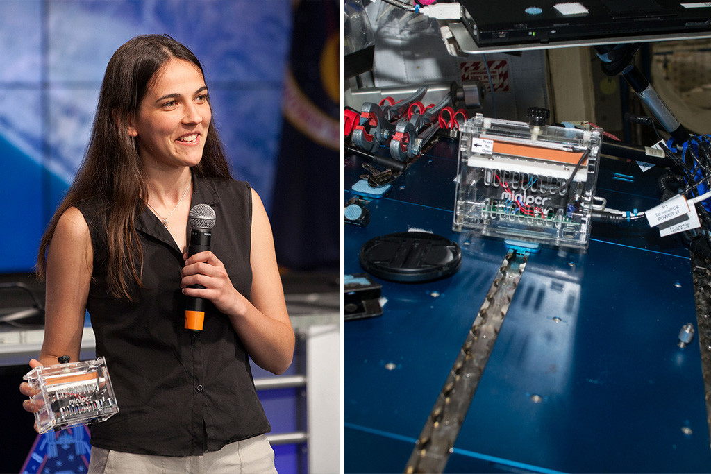 Anna-Sophia Boguraev, age 17, is pictured with her winning Genes in Space experiment, the miniPCR. The experiment was recently checked out and run aboard the International Space Station. Credits: NASA/ Kim Shiflett, NASA