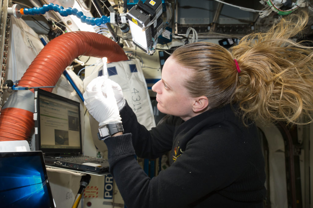 NASA astronaut Kate Rubins checks a sample for air bubbles prior to loading it in the biomolecule sequencer. Credits: NASA