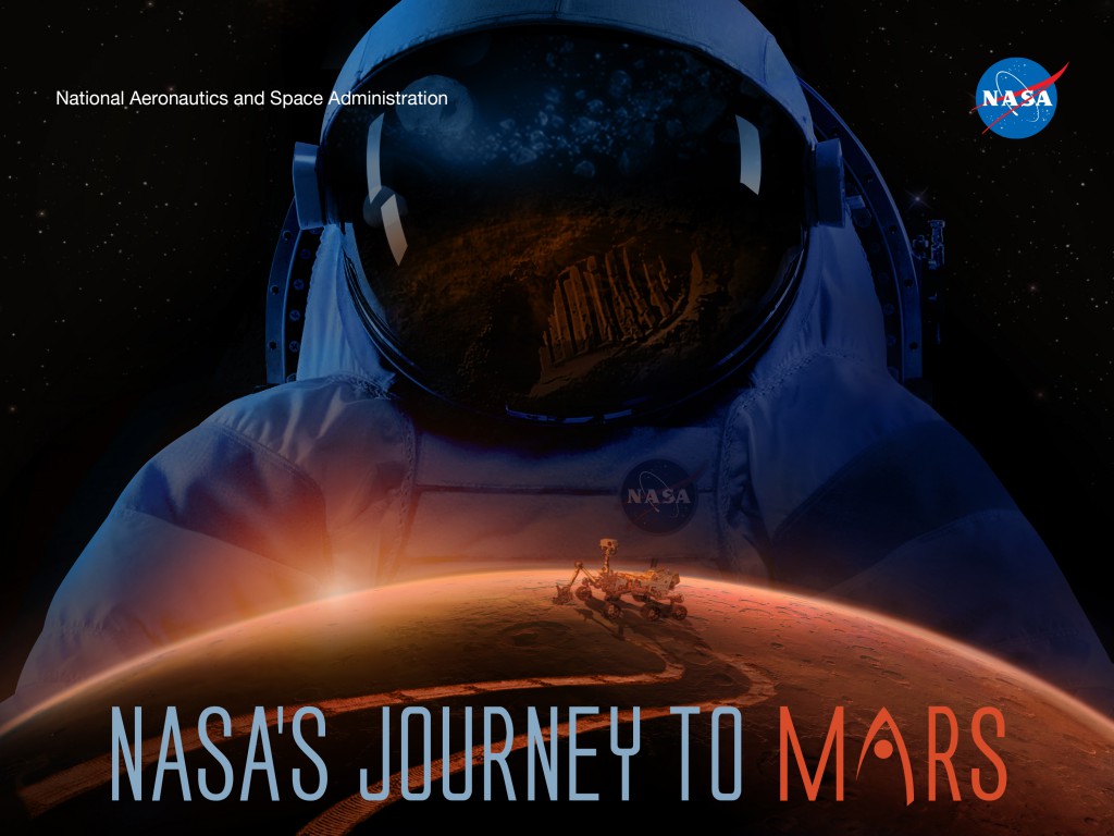 A graphic showing an astronaut above the Mars horizon with a rover on the surface