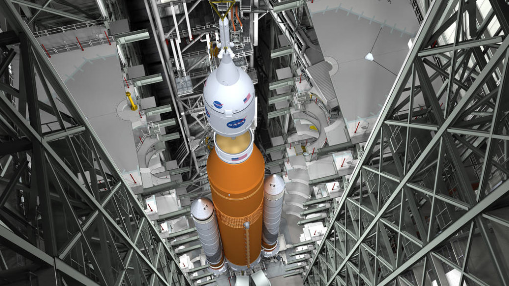 Artist’s concept of SLS stacking at Kennedy Space Center