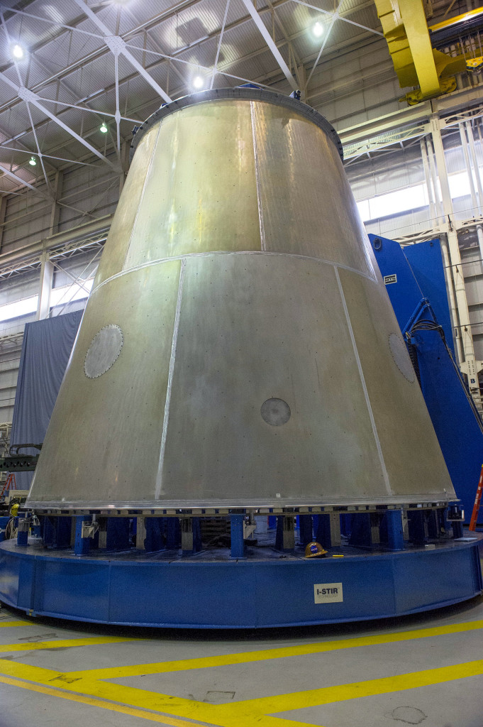 The completed SLS Launch Vehicle Stage Adapter awaits testing.