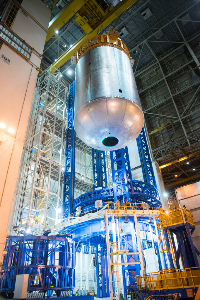 SLS liquid oxygen tank weld confidence article comes off the Vertical Assembly Center at Michoud Assembly Facility.