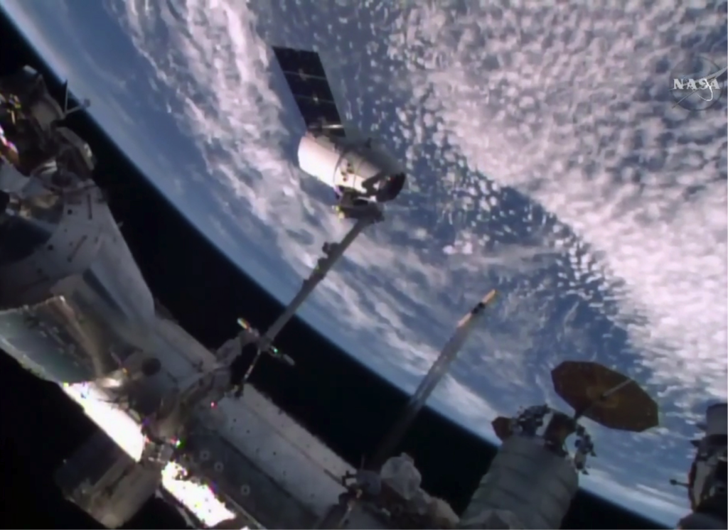 A Dragon capsule is being berthed to the International Space Station