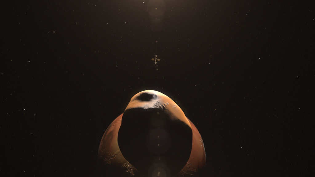 A spacecraft approaches Mars and its moons