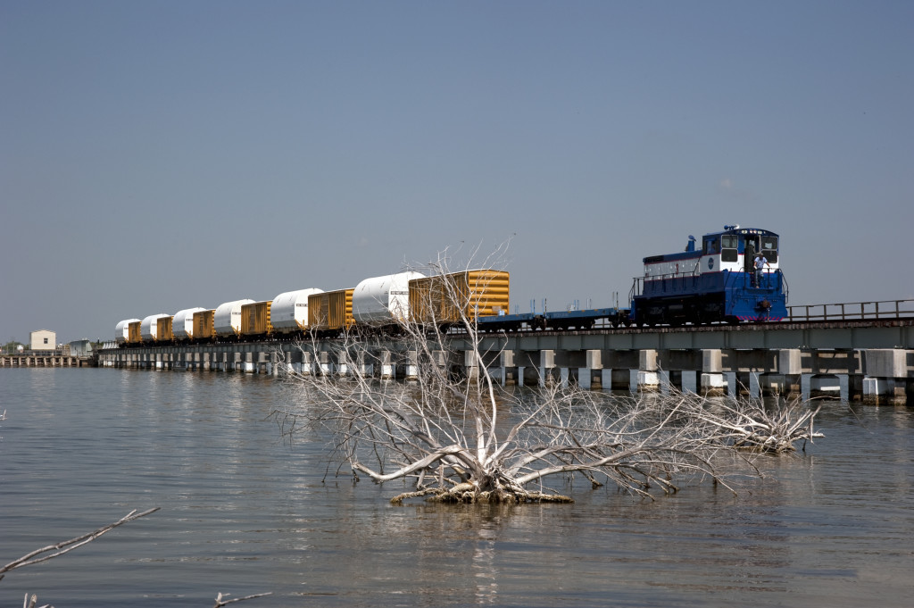 Booster segments being delivered by train to Kennedy Space Center during the space shuttle era