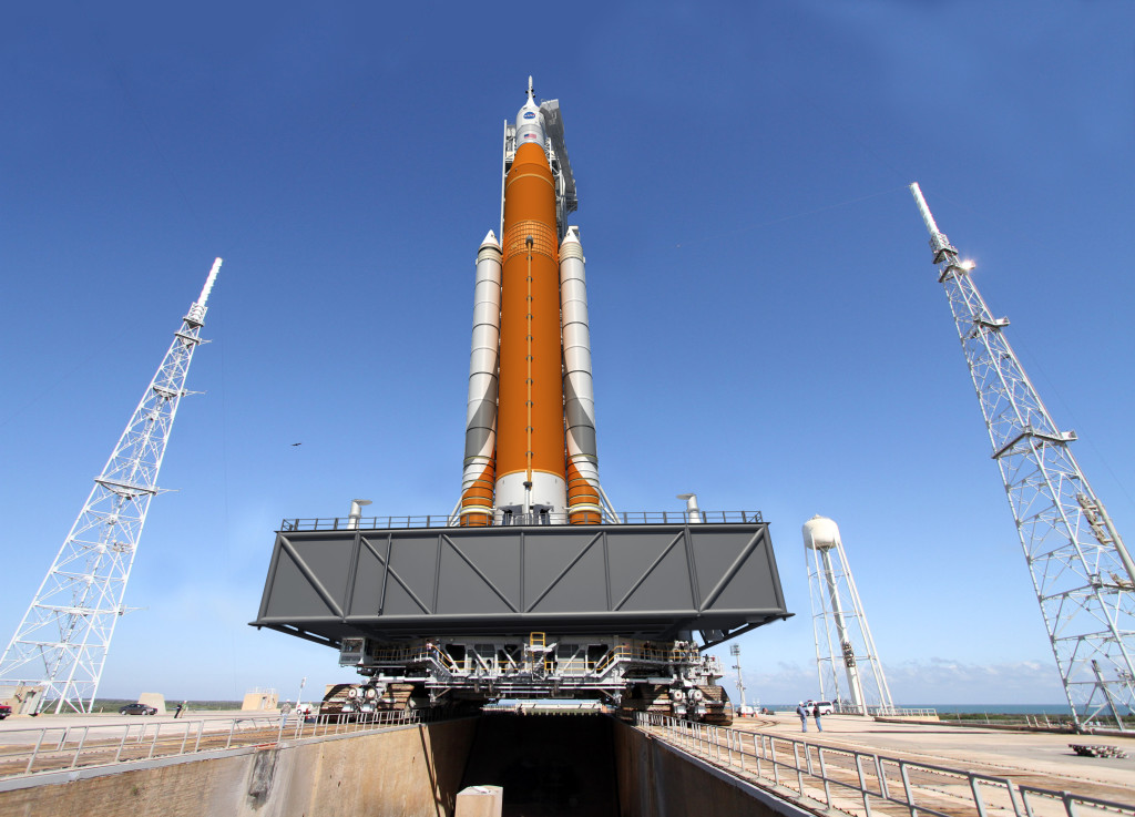 Artist concept of SLS and mobile launcher on the crawler transporter.