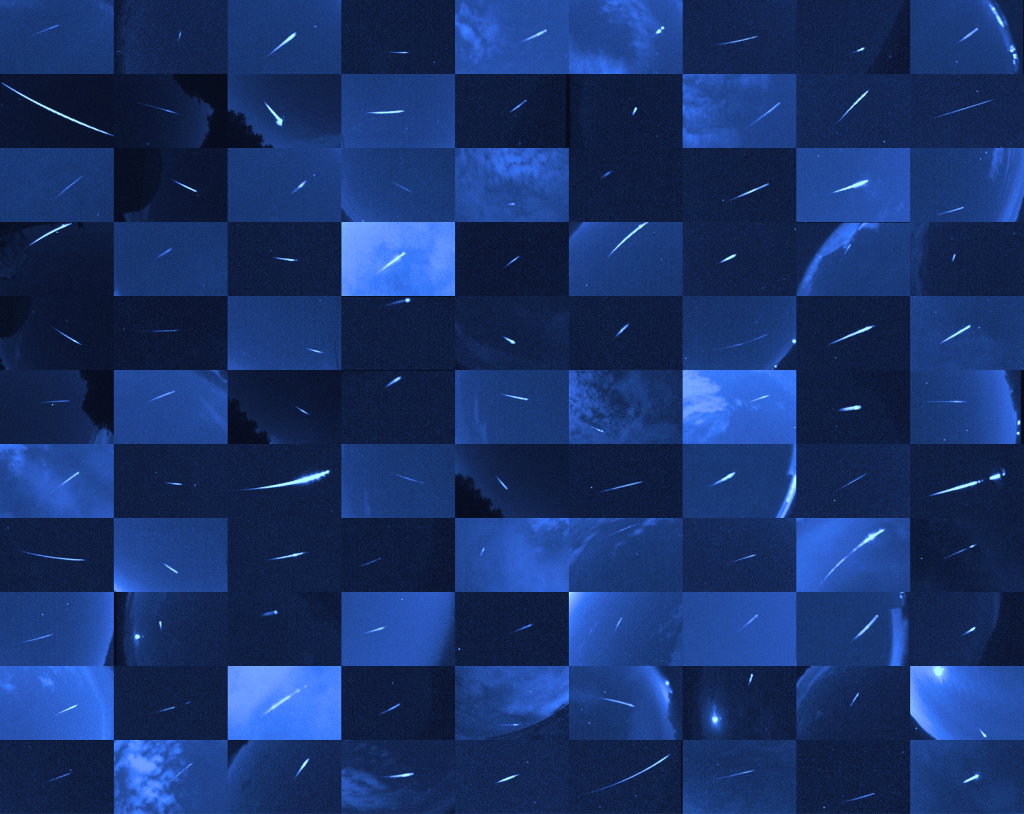 A meteor mosaic comprised of 99 images, using a blue filter, of the Eta Aquariids observed during the early morning hours