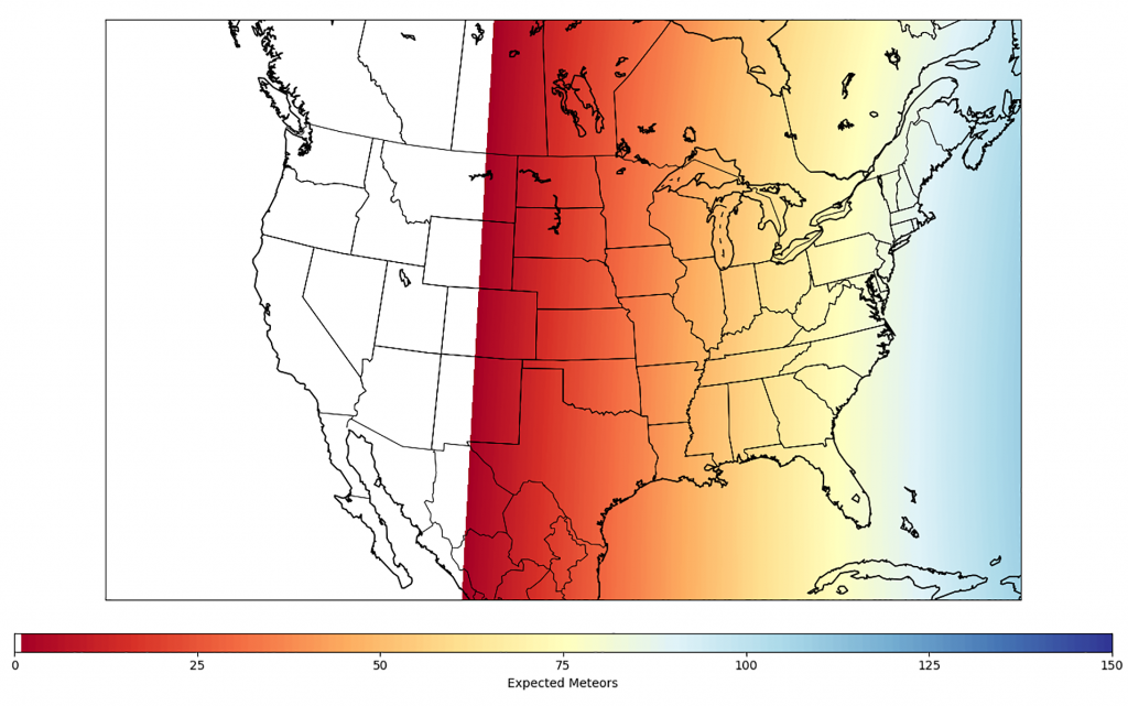 This map shows the total number of meteors observers in the United States can expect to see for this year’s alpha Monocerotid meteor shower, provided the rates are similar to the 1995 outburst.