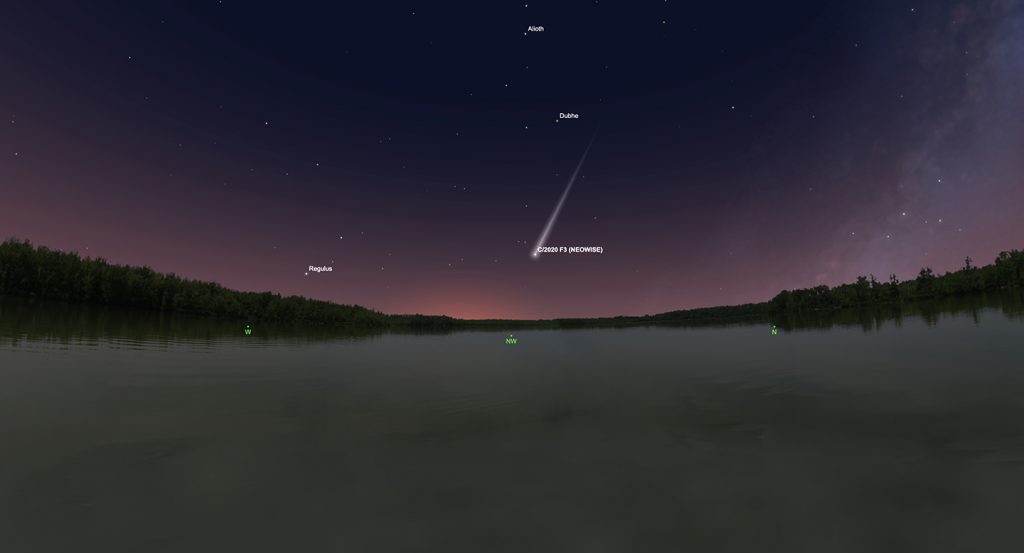 The graphic shows the comet as seen from Huntsville, Friday, July 17 at 9 PM. Look almost due northwest, 15 degrees above the horizon. The comet will be below the stars in the bowl of the Big Dipper, and about as bright (magnitude 3). Binoculars should give a really spectacular view!