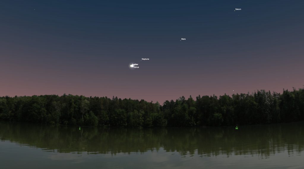 An illustration of the Jupiter-Venus conjunction looking east in Huntsville, Alabama, at 6:00 a.m. on the morning of April 30, 2022. 