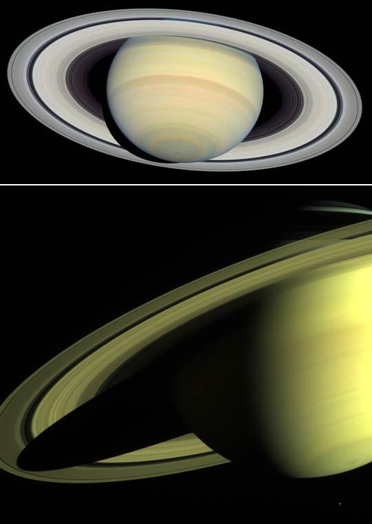 Two images of Saturn with rings. The top image shows more of a beige with a tint of red with white rings and the bottom image is very yellow with yellow rings.