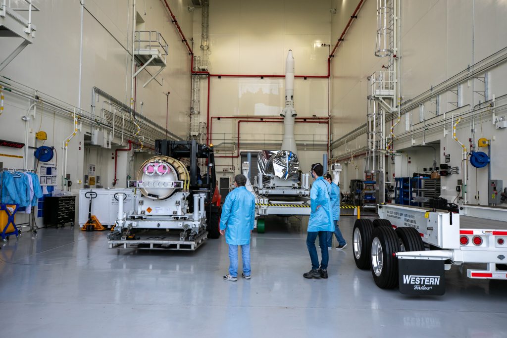 The Artemis II attitude control motor inside the Launch Abort System Facility at Kennedy Space Center on Aug. 28, 2020.