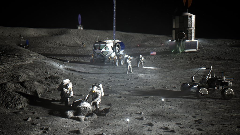 Illustration of NASA astronauts on the lunar South Pole. 