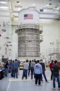 The ICPS is moved into the Multi-Payload Process Facility on Feb. 18, 2021 at Kennedy Space Center.