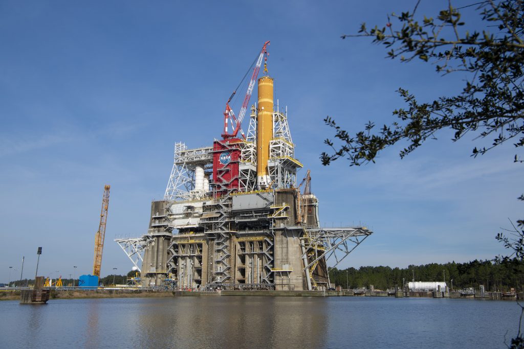 In preparation for a second hot fire test, engineers are examining issues with a liquid oxygen valve inside the Space Launch System rocket’s core stage installed in the B-2 test stand