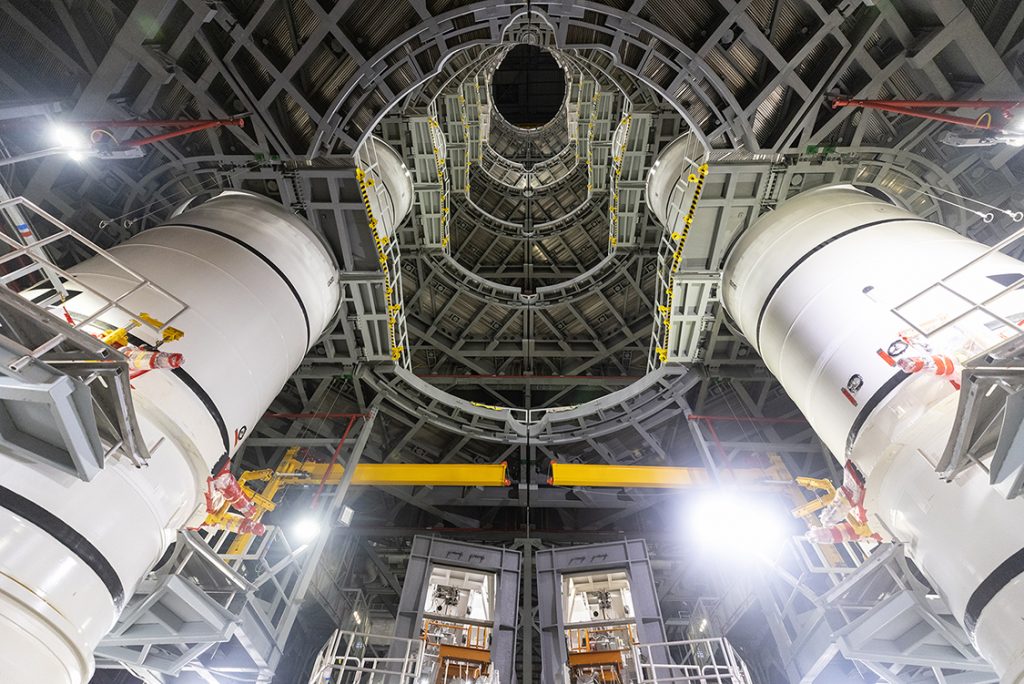 The fully stacked twin solid rocket boosters for NASA’s Space Launch System (SLS) rocket 