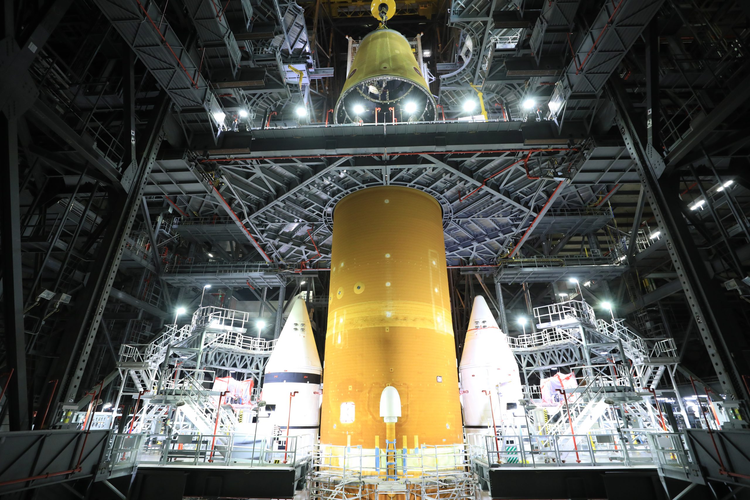 The launch vehicle stage adapter for the Space Launch System rocket is integrated with the core stage inside the Vehicle Assembly Building.