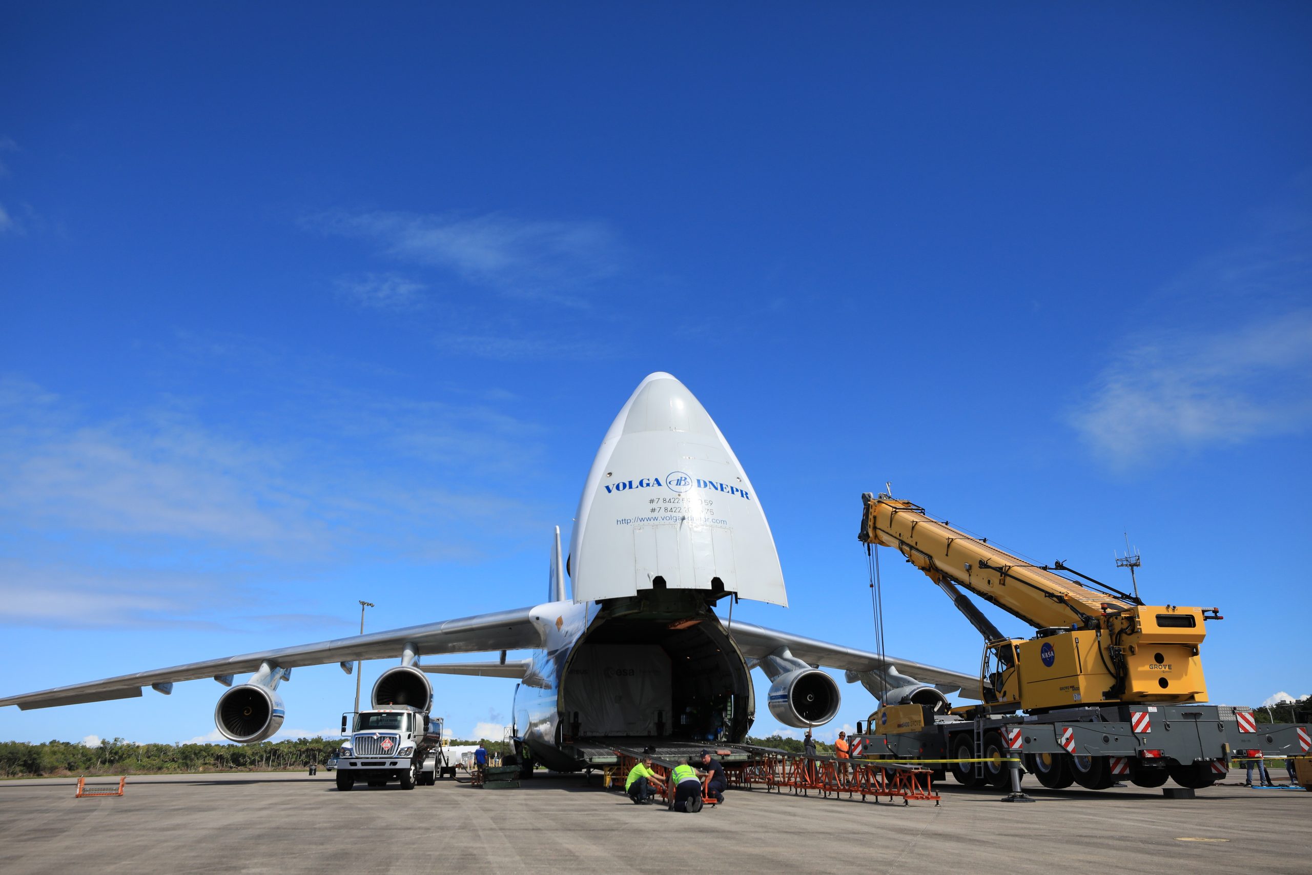 The European Service Module (ESM) for NASA’s Orion spacecraft arrives at the Launch and Landing Facility at NASA’s Kennedy Space Center in Florida on Thursday, Oct. 14, 2021. 