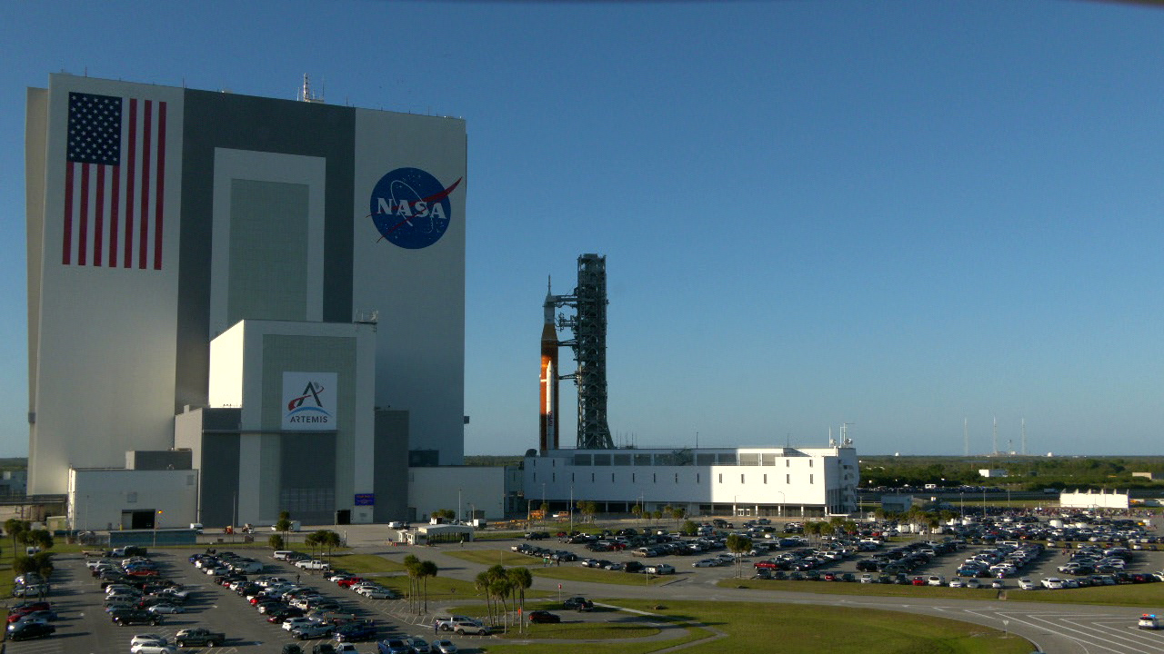 NASA’s Moon rocket is on the move at the agency’s Kennedy Space Center in Florida, rolling out of the Vehicle Assembly Building for a 4.2-mile journey to Launch Complex 39B on March 17, 2022. Carried atop the crawler-transporter 2, the Space Launch System (SLS) rocket and Orion spacecraft are venturing to the pad for a wet dress rehearsal ahead of the uncrewed Artemis I launch. 