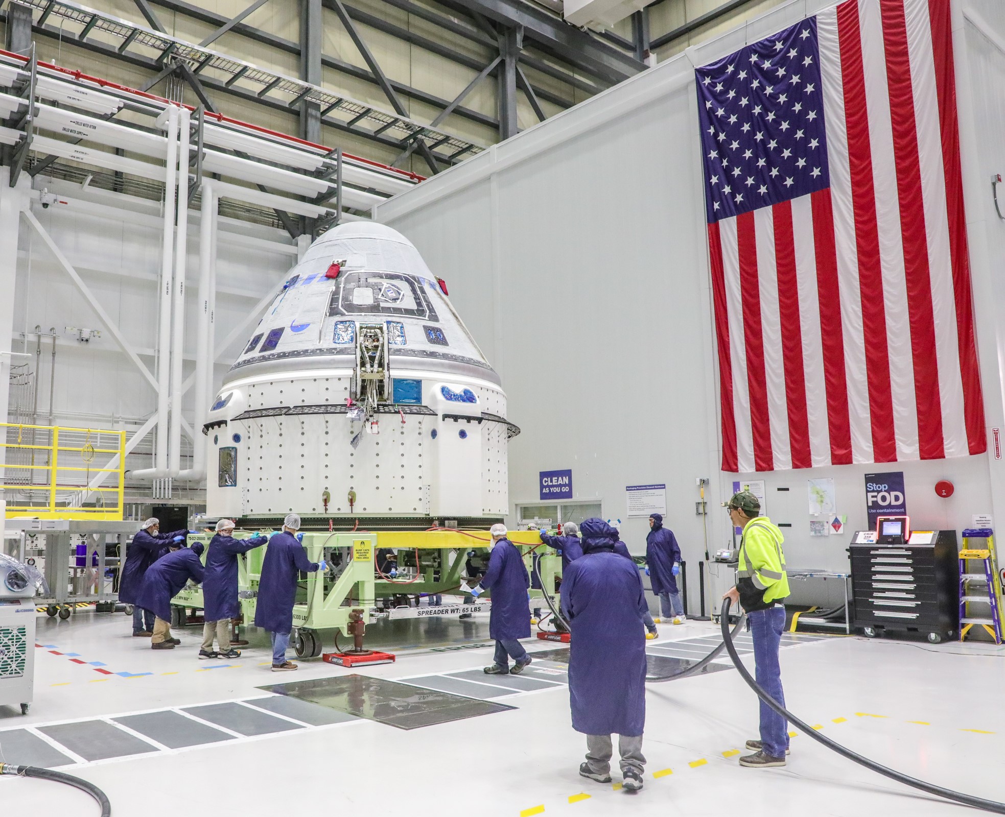 The Boeing CST-100 Starliner spacecraft was moved into the Hazardous Processing Area at the company’s Commercial Crew and Cargo Processing Facility at NASA’s Kennedy Space Center in Florida on Feb. 8, 2023, in advance of power up and fueling operations. NASA’s Boeing Crew Flight Test will demonstrate the end-to-end capabilities of the Starliner system to carry astronaut to and from the International Space Station.