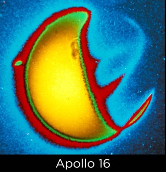 An image depicting what the exosphere looks like in ultraviolet light. The background is in shades of blues, with a yellow half-moon shape in the center, surrounded by reds and greens.