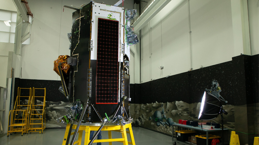 Intuitive Machines' Nova-C lunar lander inside the company's facility at the Houston Spaceport. Credits: Intuitive Machines. 