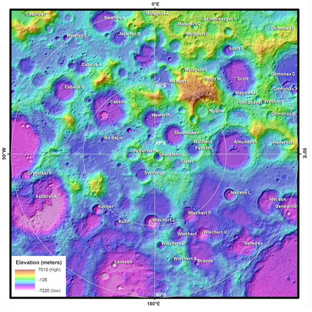 The Malapert A region is seen near the top of this topographic map of the Moon’s South Pole based on data released by the Lunar Reconnaissance Orbiter Lunar Orbiter Laser Altimeter.