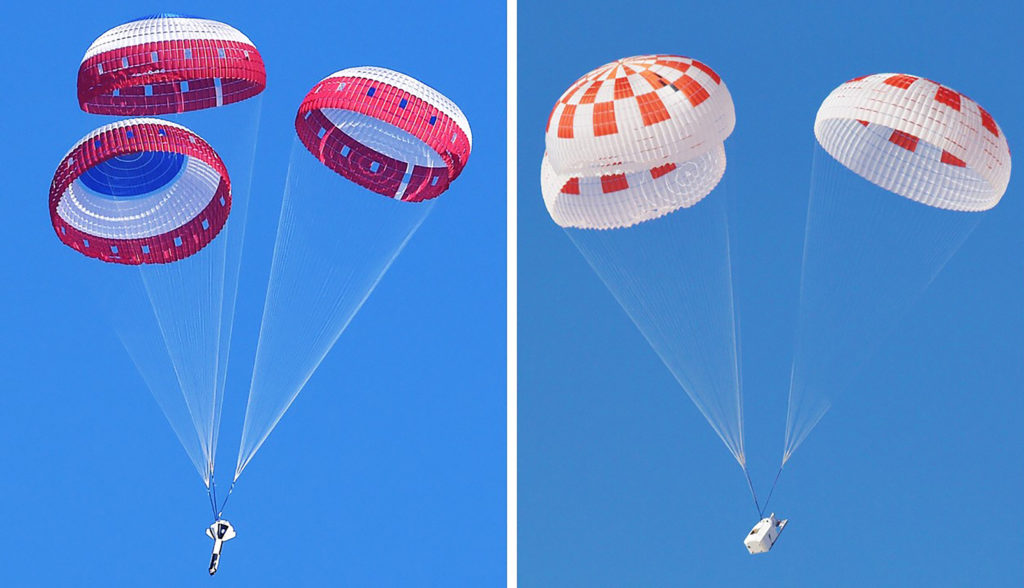 At left, Boeing conducted the first in a series of parachute reliability tests its Starliner flight drogue and main parachute system Feb. 22, 2018, over Yuma Arizona. Photo Credit: NASA. At right, SpaceX performed its fourteenth overall parachute test supporting Crew Dragon development March 4, 2018, over the Mojave Desert in Southern California. The test demonstrated an off-nominal, or abnormal, situation, deploying only one of the two drogue chutes and three of the four main parachutes. Photo credit: SpaceX