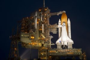 Space shuttle Atlantis at Launch Pad 39A on July 7, 2011, one day prior to liftoff on mission STS-135. 