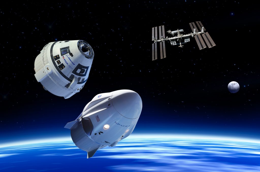 Illustration of Boeing CST-100 Starliner and SpaceX Crew Dragon in Earth orbit, along with International Space Station and Moon