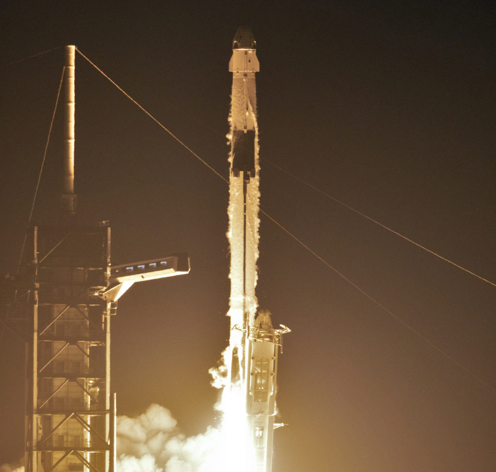 A two-stage SpaceX Falcon 9 rocket lifts off from Launch Complex 39A at NASA’s Kennedy Space Center in Florida for Demo-1, the first uncrewed mission of the agency’s Commercial Crew Program. The on-time liftoff occurred at 2:49 a.m., Saturday, March 2, 2019.