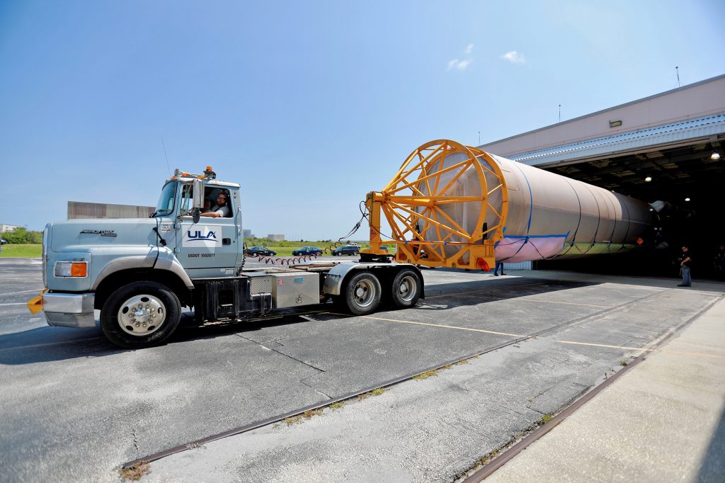 The ULA Atlas V booster for Boeing's Crew Flight Test is backed into the Atlas Spaceflight Operations Center at CCAFS on June 5. 2019.