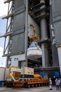 The Boeing CST-100 Starliner spacecraft is lifted at the Vertical Integration Facility at Space Launch Complex 41 at Florida’s Cape Canaveral Air Force Station on Nov. 21, 2019.