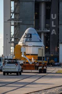 The Boeing CST-100 Starliner spacecraft arrives at the Vertical Integration Facility at Space Launch Complex 41 at Cape Canaveral Air Force Station in Florida on Nov. 21, 2019.