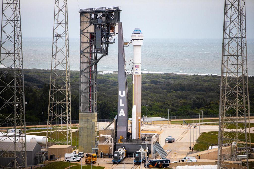 A United Launch Alliance Atlas V rocket, topped by Boeing's CST-100 Starliner spacecraft, stands on the launch pad at Space Launch Complex 41 at Florida's Cape Canaveral Air Force Station, Dec. 18, 2019, after rolling from the Vertical Integration Facility.