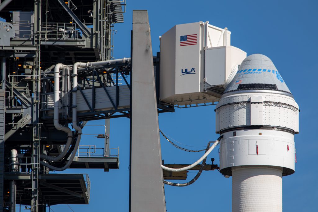 Boeing’s CST-100 Starliner spacecraft sits atop a United Launch Alliance Atlas V rocket at Cape Canaveral Air Force Station’s Space Launch Complex 41 in Florida on Dec. 5, 2019, for the program’s first-ever Integrated Day of Launch Test the following day.