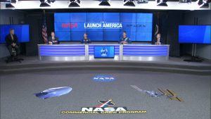 NASA officials sit several feet apart in Kennedy Space Center's press site auditorium on Tuesday, May 26, for a briefing. From left to right are Center Director Bob Cabana; NASA Administrator Jim Bridenstine; NASA astronauts Nicole Mann and Kjell Lindgren; and NASA Deputy Administrator Jim Morhard.