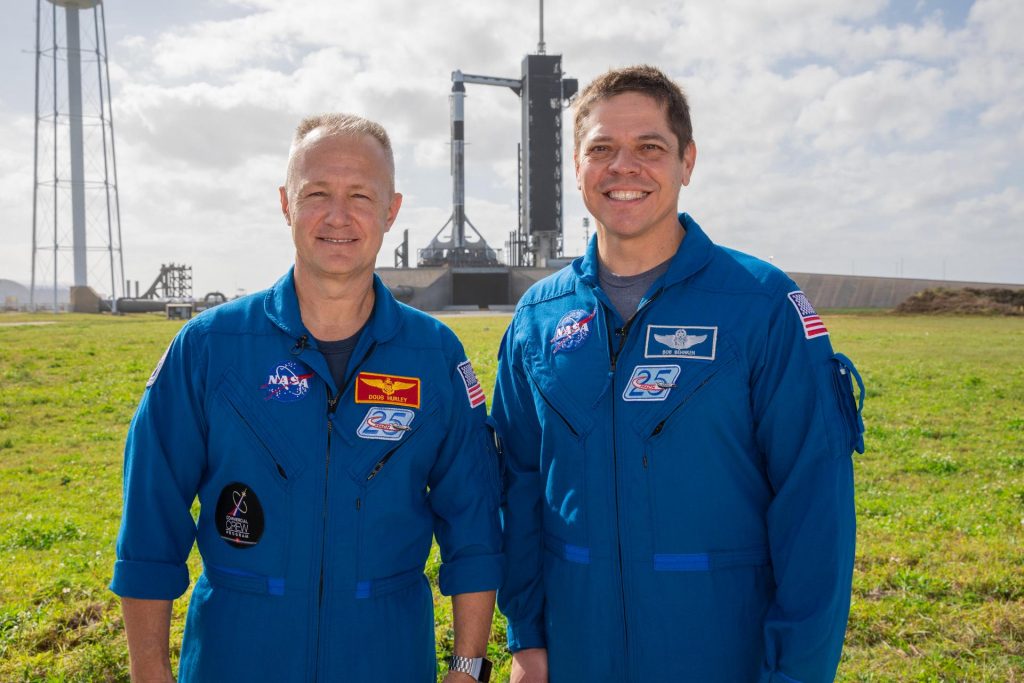 NASA astronauts Doug Hurley, left, and Bob Behnken stand near Launch Pad 39A at the agency’s Kennedy Space Center in Florida on Jan. 17, 2020.